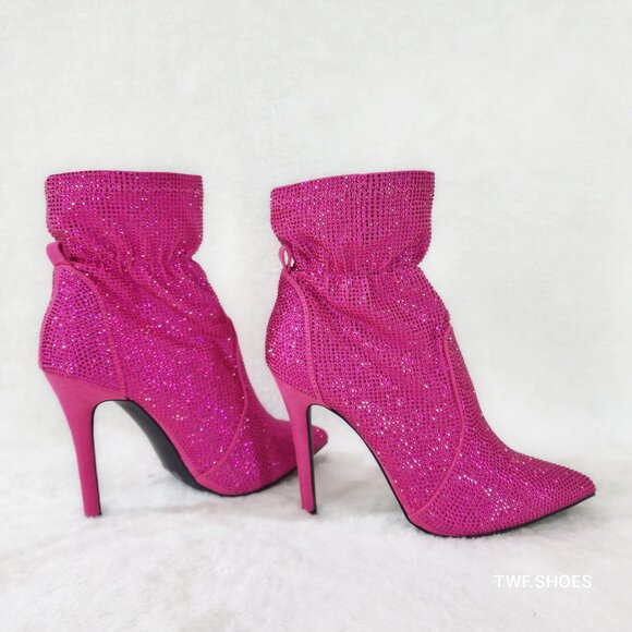 Rad Fuchsia Pink Rhinestone High Heel Ankle High Boots - Picture 1 of 13